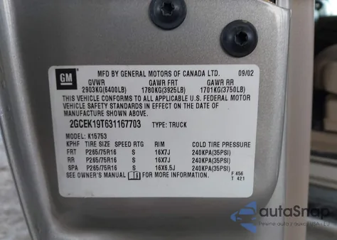 2003 Chevrolet Silverado 1500 Ls from USA, damaged, VIN 2GCEK19T631167703